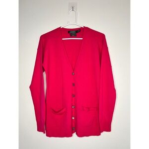 Ralph Lauren 100% Cashmere V-Neck Button Front Cardigan Hot Pink M